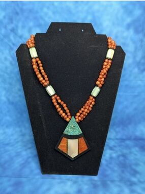 Vintage Estate Lee Sands Beaded Necklace 12" W/Barrel Clasp Coral And Turqoise